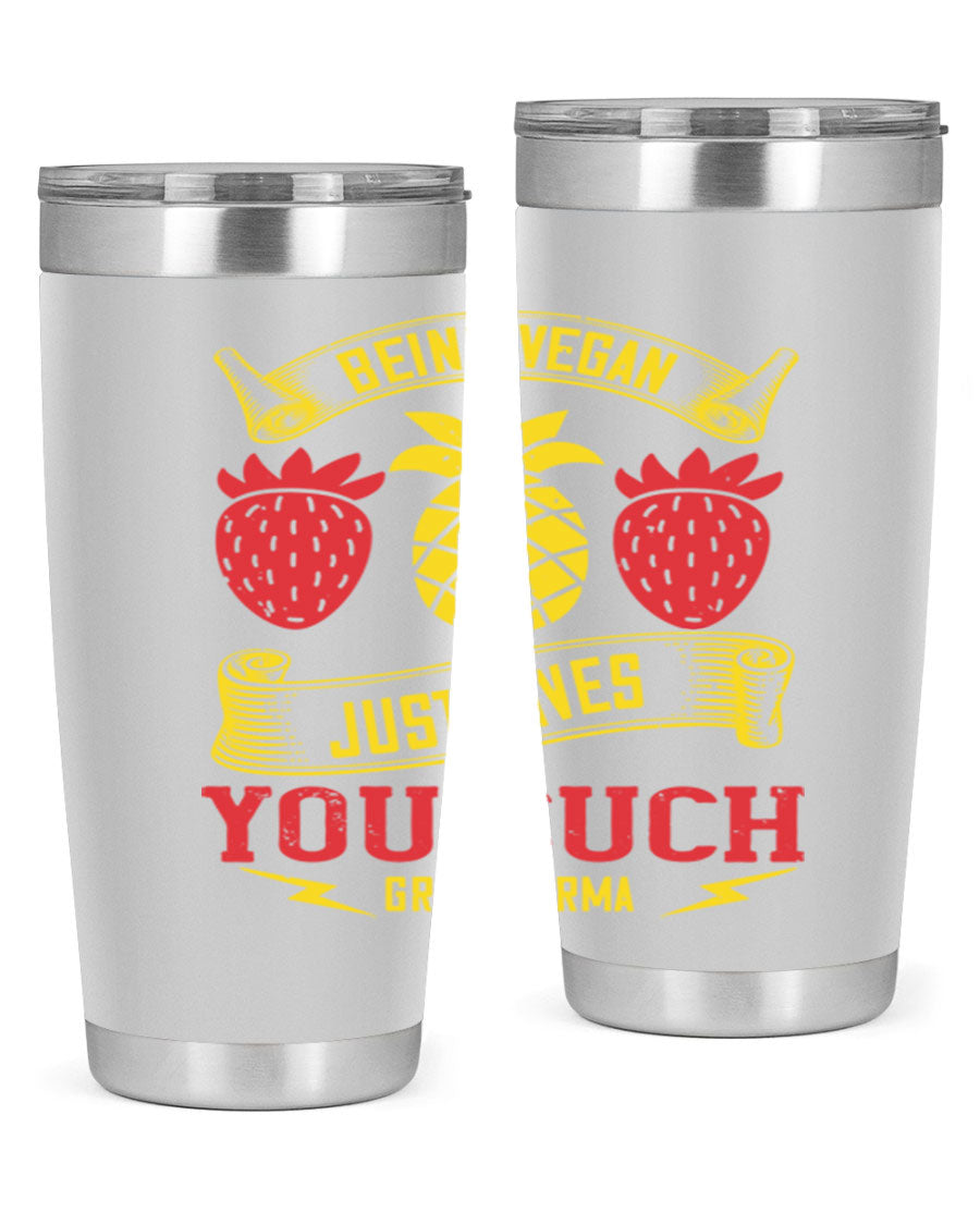 A stylish 20oz and 30oz vegan tumbler made of double wall vacuum stainless steel with a copper lining, featuring a drink-thru lid.