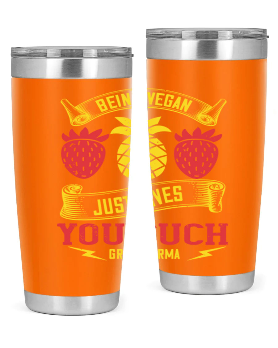 A stylish 20oz and 30oz vegan tumbler made of double wall vacuum stainless steel with a copper lining, featuring a drink-thru lid.