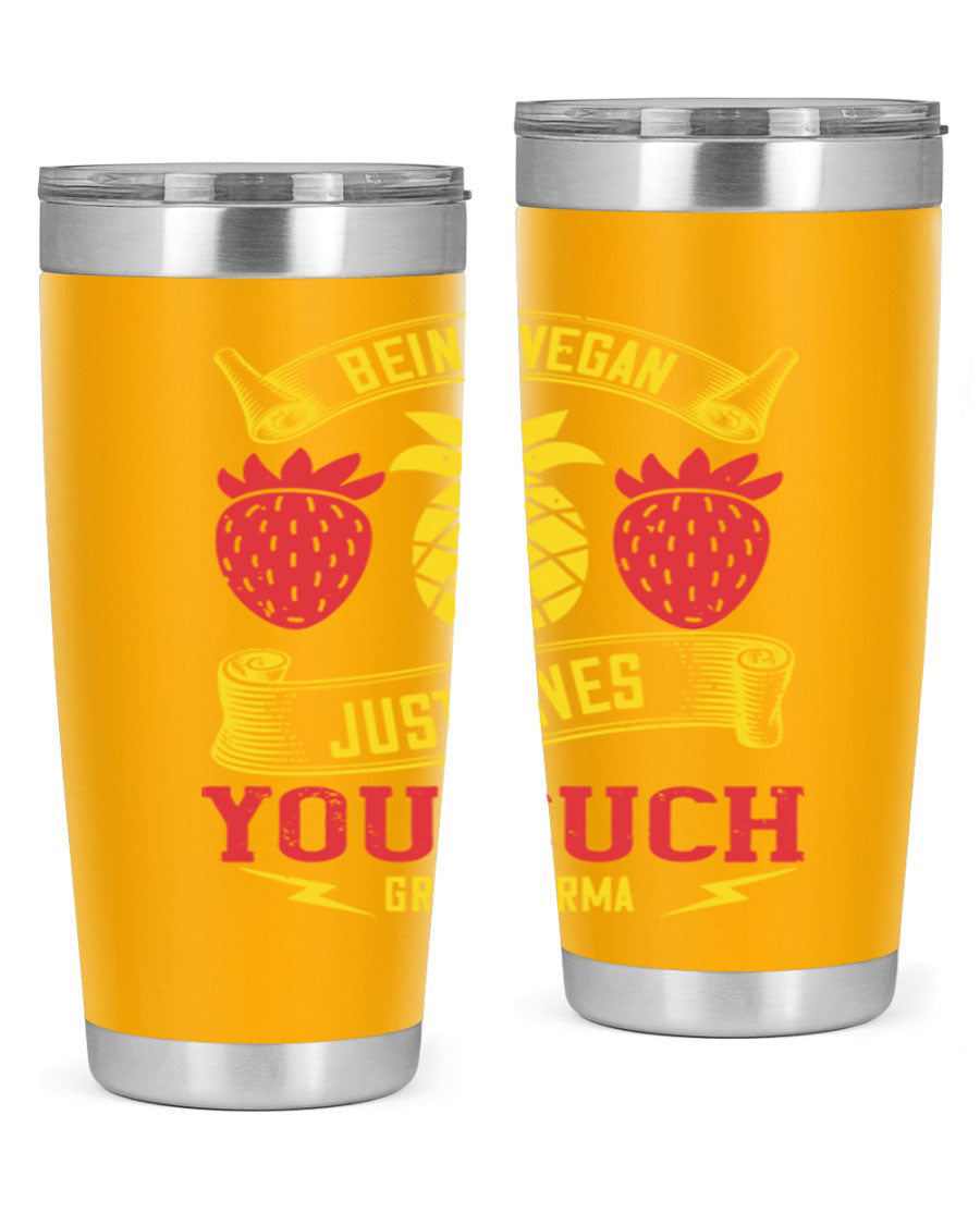 A stylish 20oz and 30oz vegan tumbler made of double wall vacuum stainless steel with a copper lining, featuring a drink-thru lid.