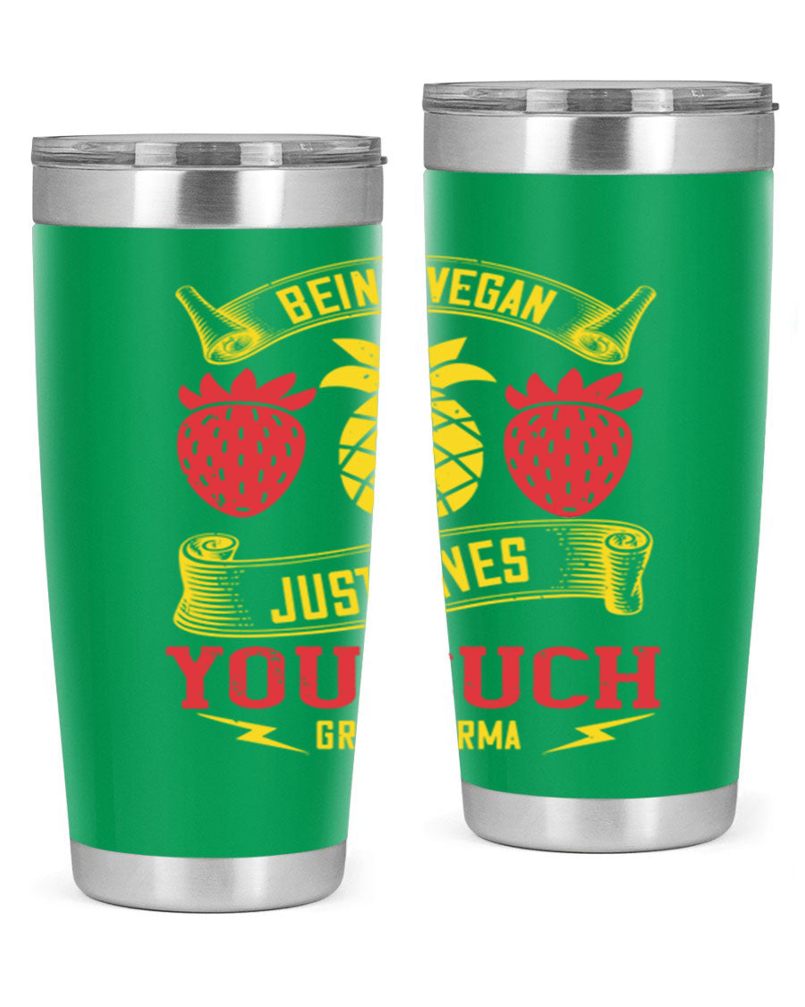 A stylish 20oz and 30oz vegan tumbler made of double wall vacuum stainless steel with a copper lining, featuring a drink-thru lid.