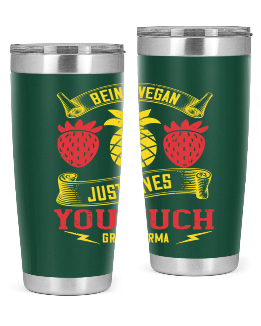 A stylish 20oz and 30oz vegan tumbler made of double wall vacuum stainless steel with a copper lining, featuring a drink-thru lid.