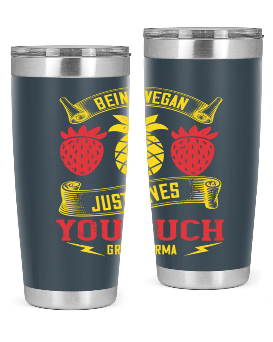 A stylish 20oz and 30oz vegan tumbler made of double wall vacuum stainless steel with a copper lining, featuring a drink-thru lid.