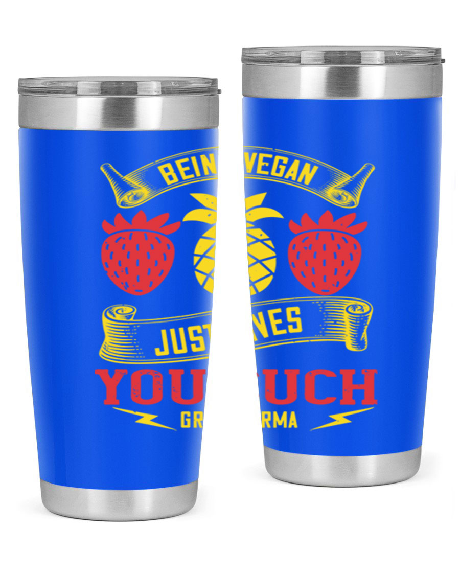 A stylish 20oz and 30oz vegan tumbler made of double wall vacuum stainless steel with a copper lining, featuring a drink-thru lid.