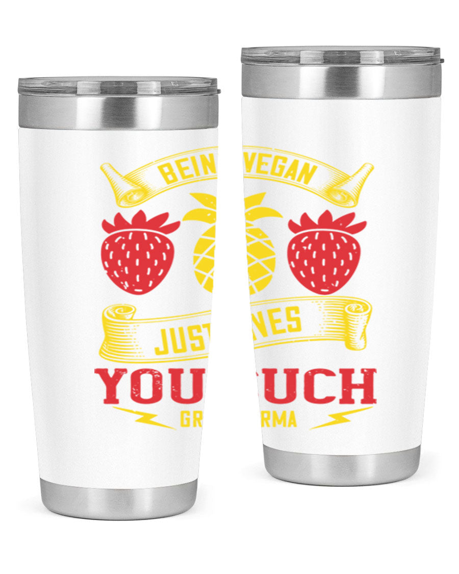 A stylish 20oz and 30oz vegan tumbler made of double wall vacuum stainless steel with a copper lining, featuring a drink-thru lid.