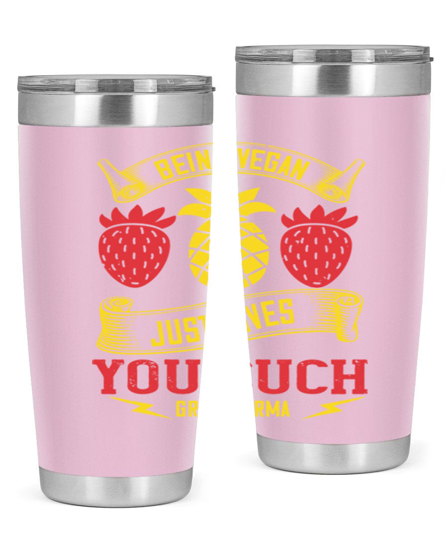 A stylish 20oz and 30oz vegan tumbler made of double wall vacuum stainless steel with a copper lining, featuring a drink-thru lid.