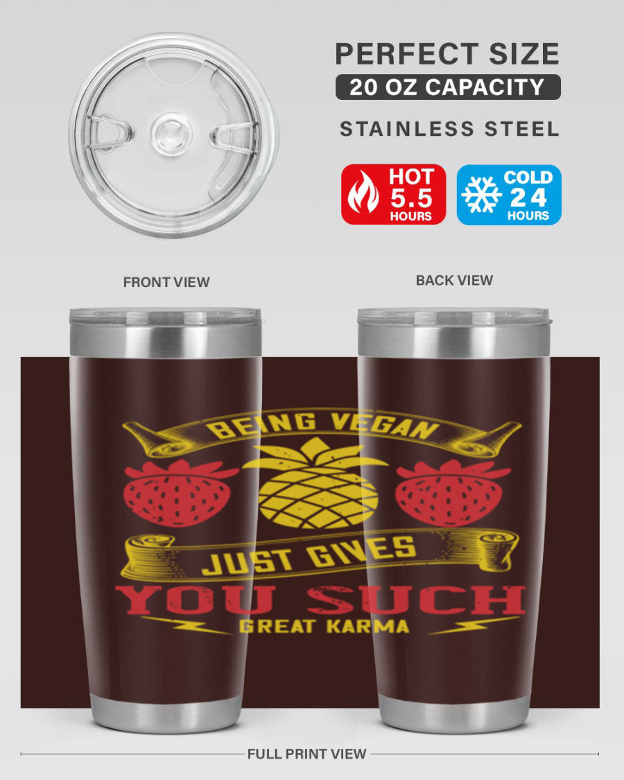 A stylish 20oz and 30oz vegan tumbler made of double wall vacuum stainless steel with a copper lining, featuring a drink-thru lid.