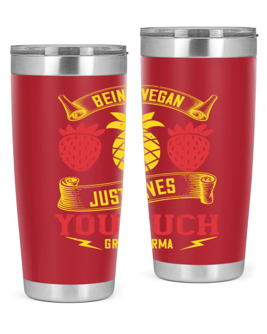 A stylish 20oz and 30oz vegan tumbler made of double wall vacuum stainless steel with a copper lining, featuring a drink-thru lid.