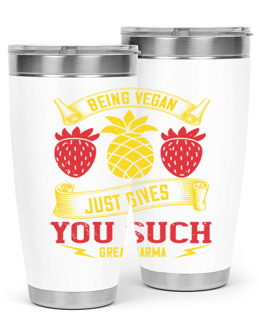 A stylish 20oz and 30oz vegan tumbler made of double wall vacuum stainless steel with a copper lining, featuring a drink-thru lid.