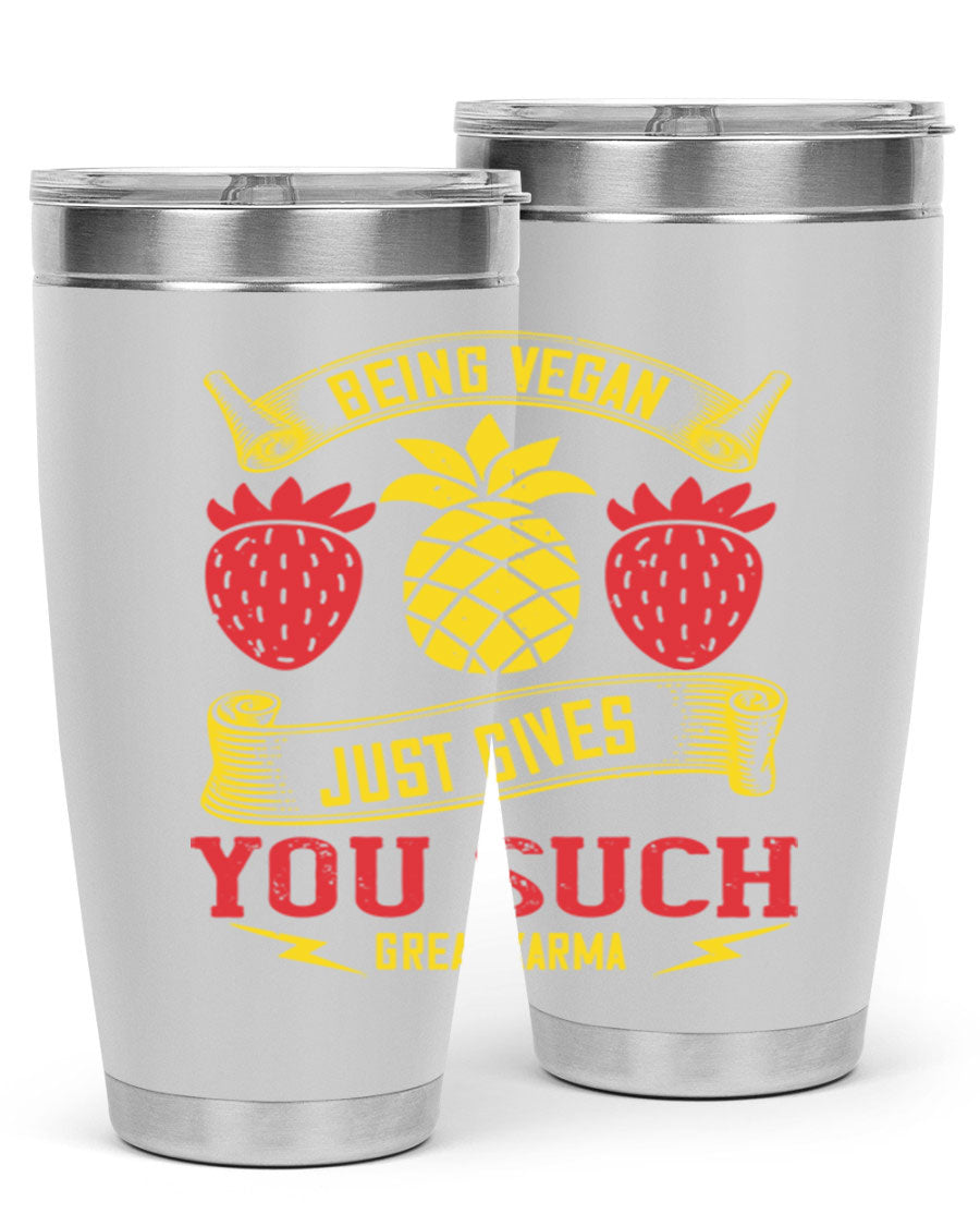 A stylish 20oz and 30oz vegan tumbler made of double wall vacuum stainless steel with a copper lining, featuring a drink-thru lid.