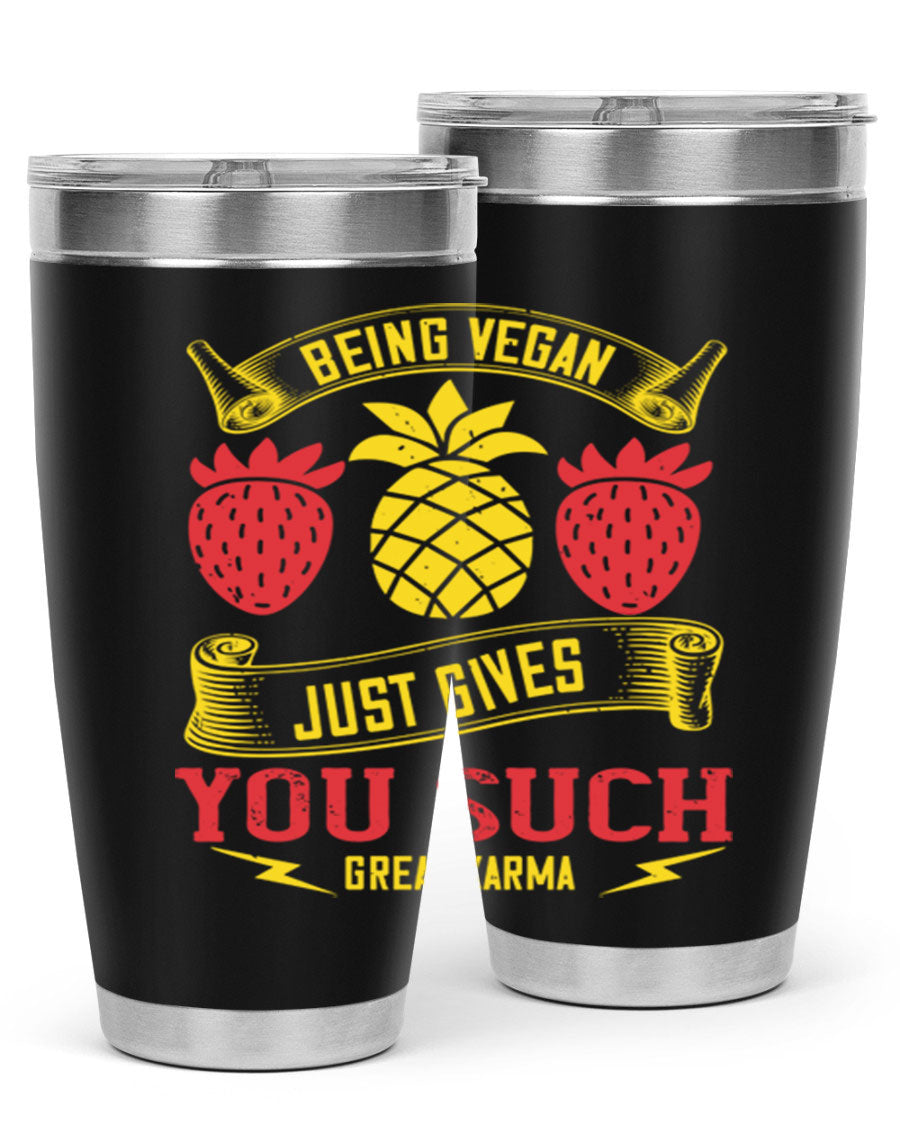 A stylish 20oz and 30oz vegan tumbler made of double wall vacuum stainless steel with a copper lining, featuring a drink-thru lid.