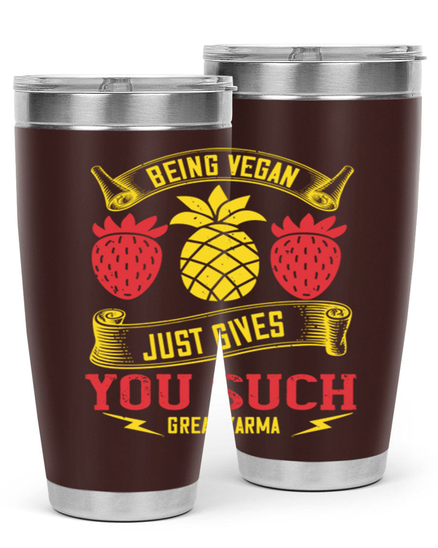 A stylish 20oz and 30oz vegan tumbler made of double wall vacuum stainless steel with a copper lining, featuring a drink-thru lid.