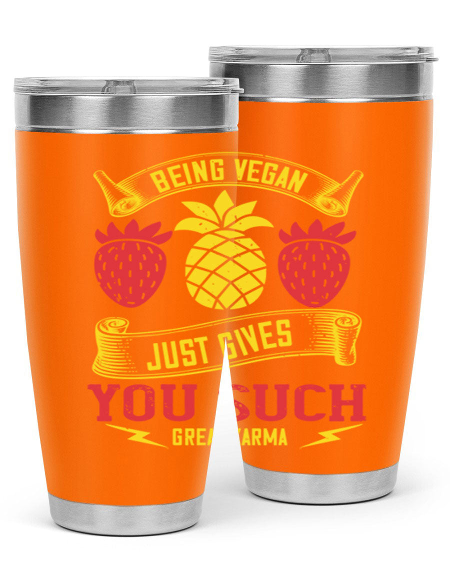 A stylish 20oz and 30oz vegan tumbler made of double wall vacuum stainless steel with a copper lining, featuring a drink-thru lid.