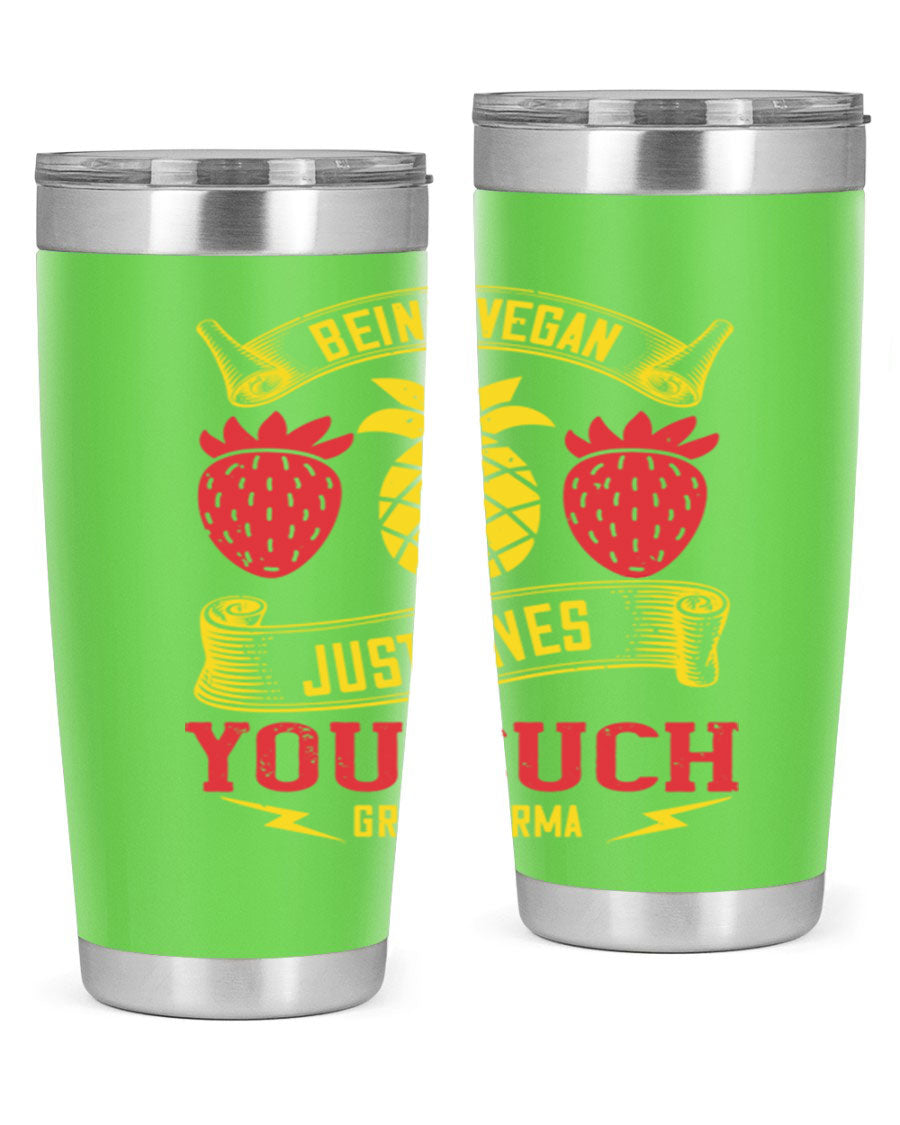 A stylish 20oz and 30oz vegan tumbler made of double wall vacuum stainless steel with a copper lining, featuring a drink-thru lid.