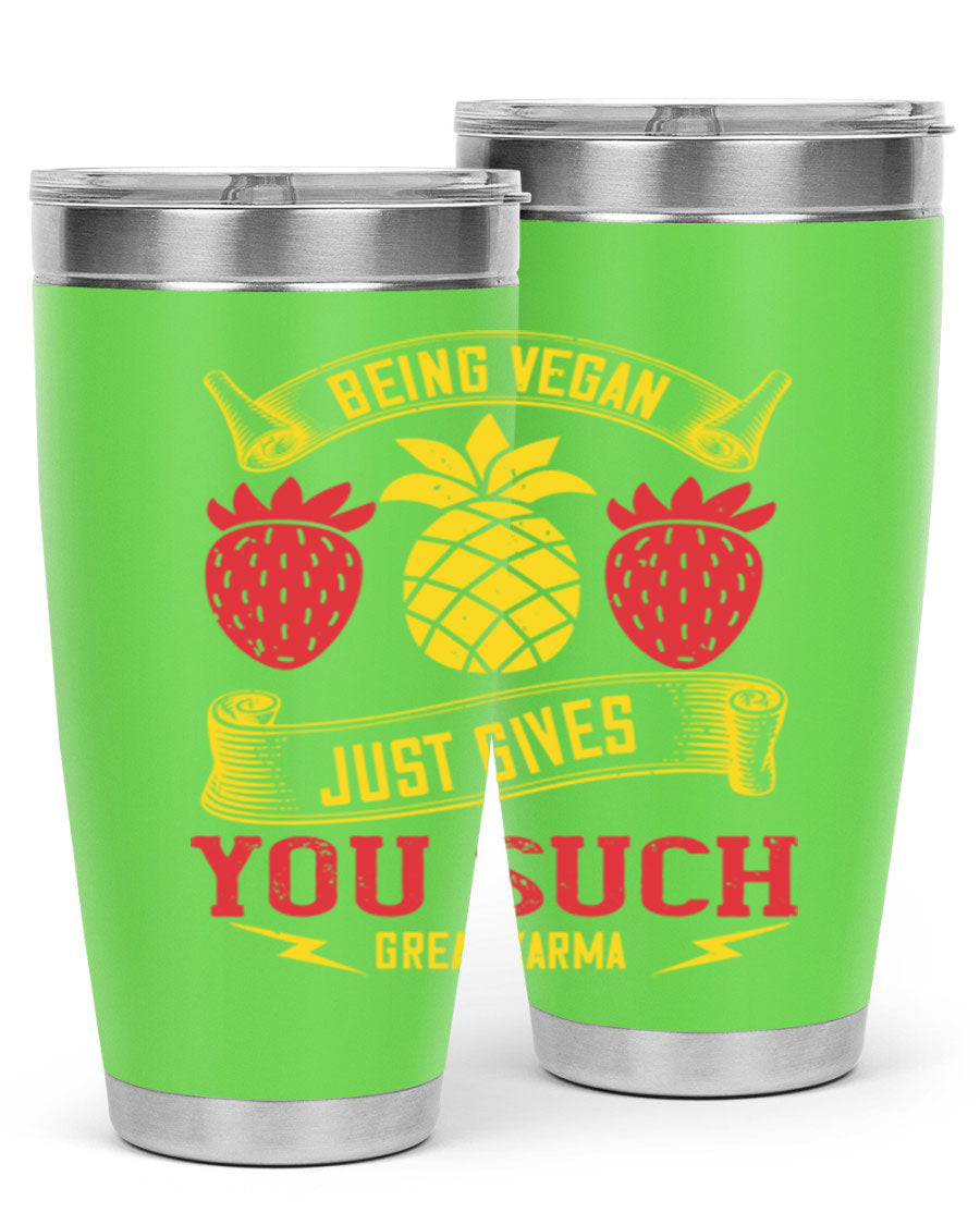 A stylish 20oz and 30oz vegan tumbler made of double wall vacuum stainless steel with a copper lining, featuring a drink-thru lid.