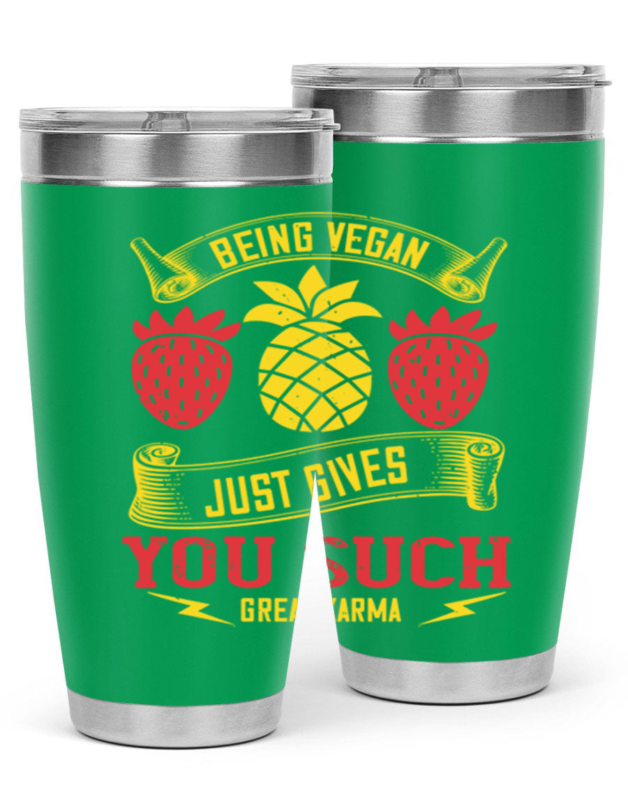 A stylish 20oz and 30oz vegan tumbler made of double wall vacuum stainless steel with a copper lining, featuring a drink-thru lid.