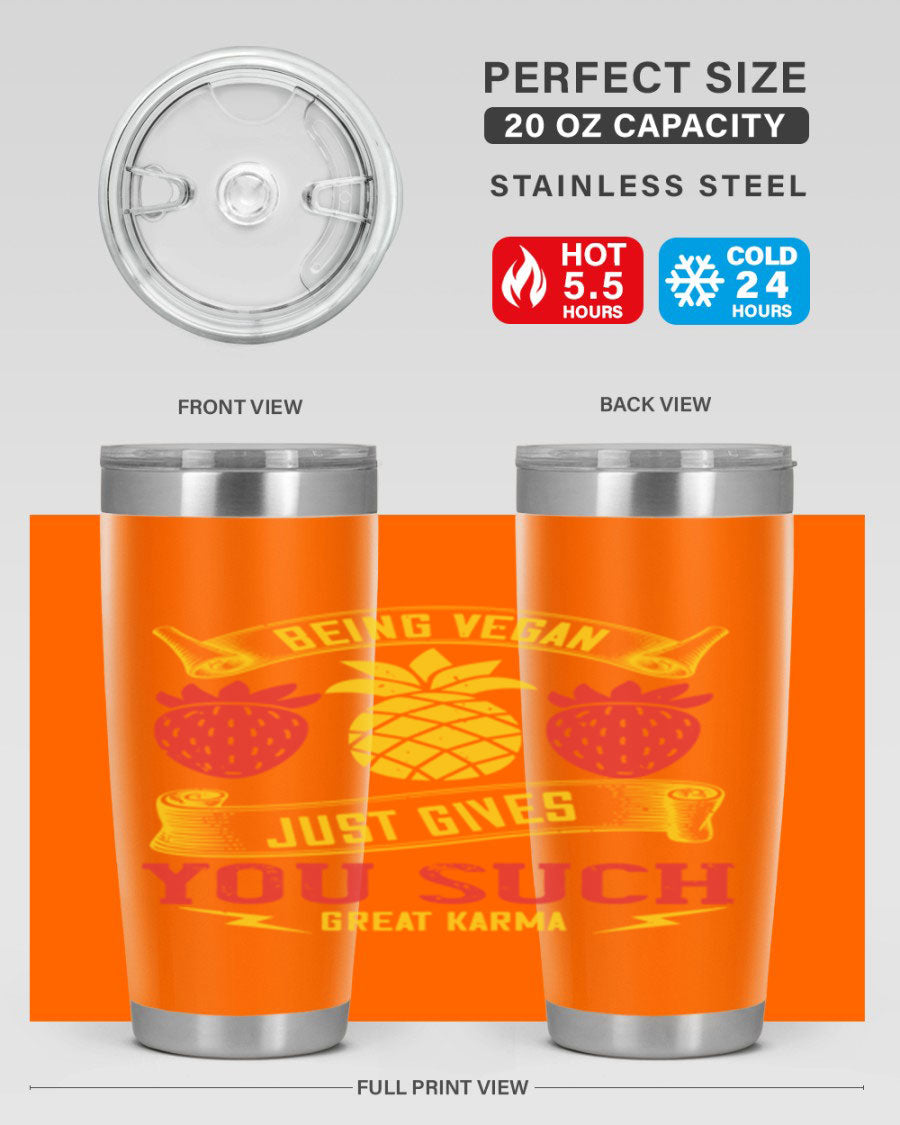 A stylish 20oz and 30oz vegan tumbler made of double wall vacuum stainless steel with a copper lining, featuring a drink-thru lid.