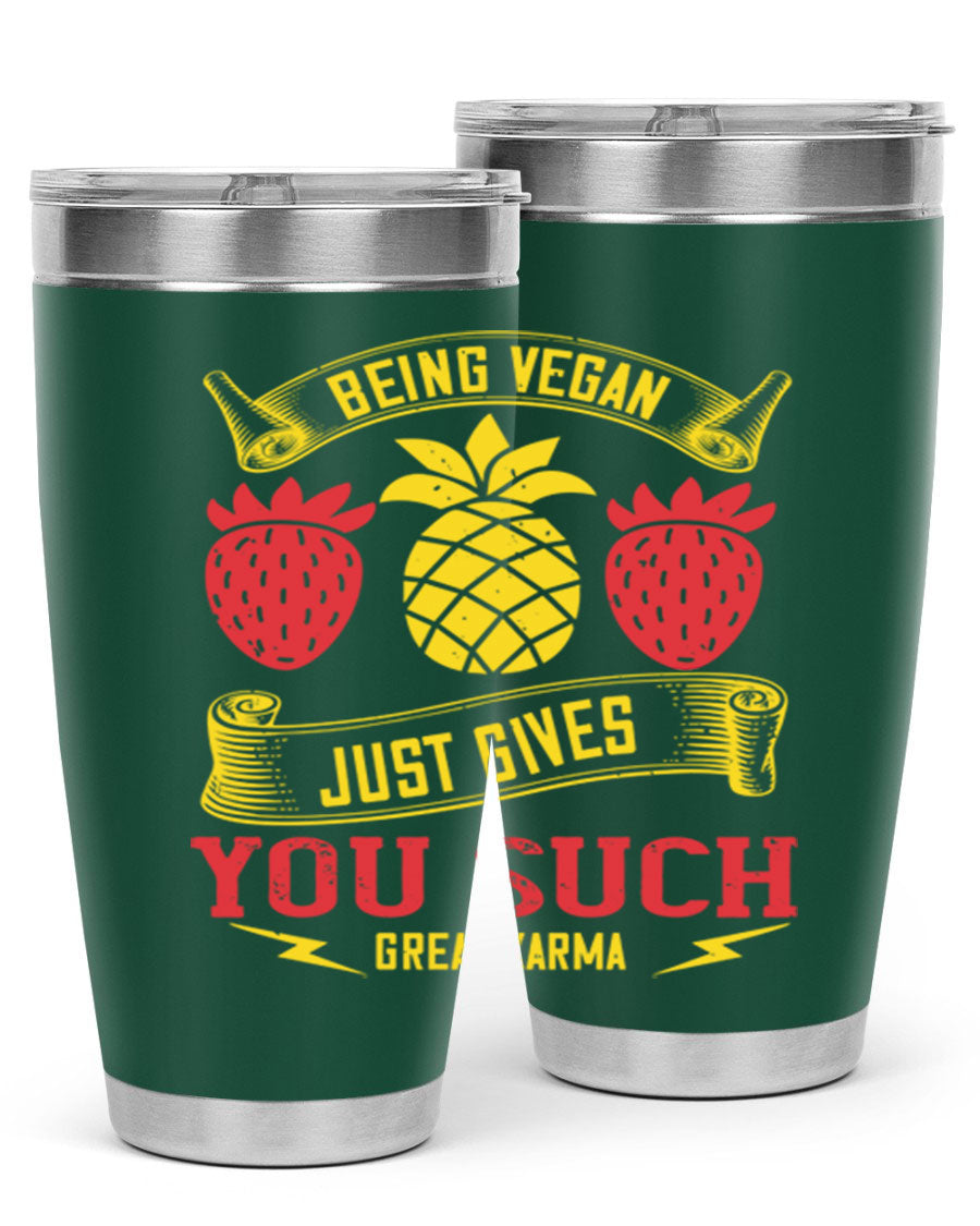 A stylish 20oz and 30oz vegan tumbler made of double wall vacuum stainless steel with a copper lining, featuring a drink-thru lid.