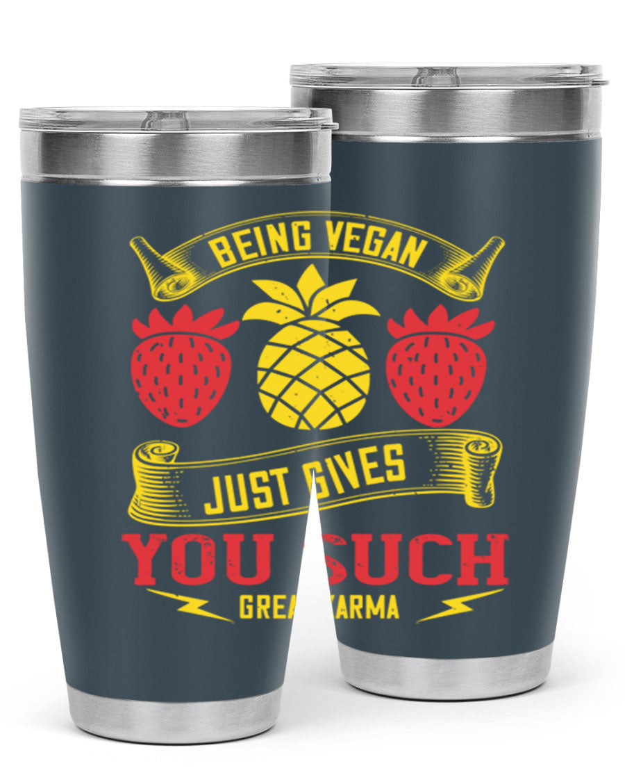 A stylish 20oz and 30oz vegan tumbler made of double wall vacuum stainless steel with a copper lining, featuring a drink-thru lid.