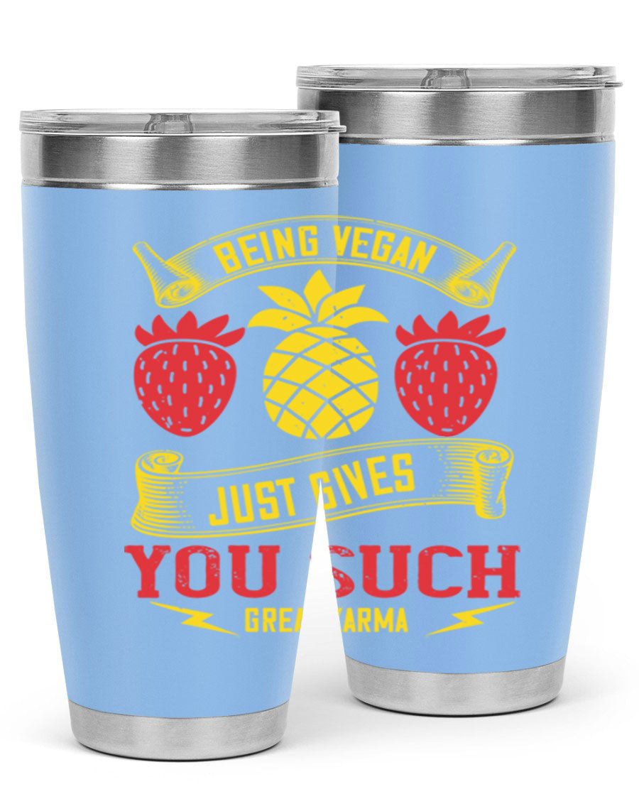 A stylish 20oz and 30oz vegan tumbler made of double wall vacuum stainless steel with a copper lining, featuring a drink-thru lid.