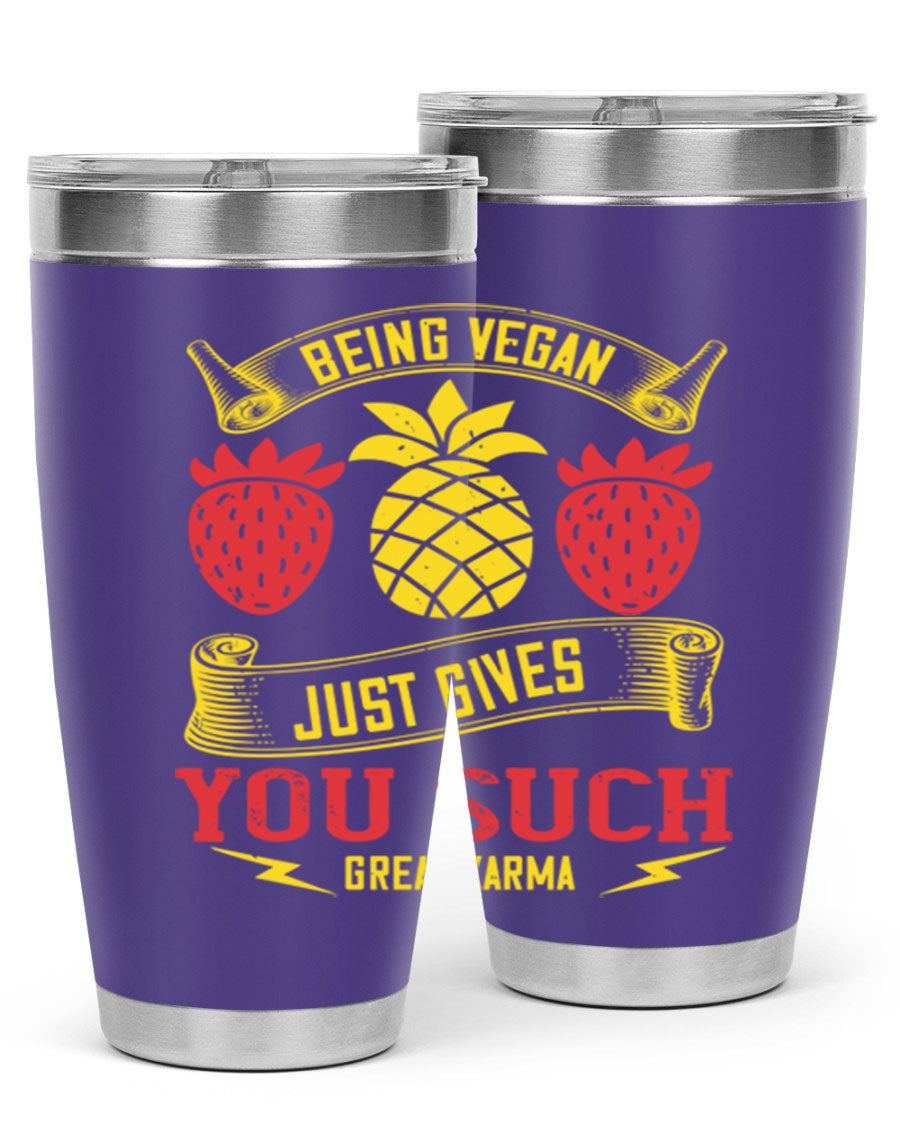 A stylish 20oz and 30oz vegan tumbler made of double wall vacuum stainless steel with a copper lining, featuring a drink-thru lid.