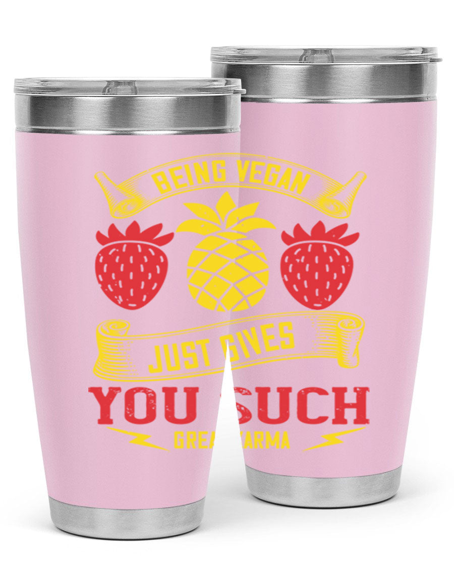 A stylish 20oz and 30oz vegan tumbler made of double wall vacuum stainless steel with a copper lining, featuring a drink-thru lid.