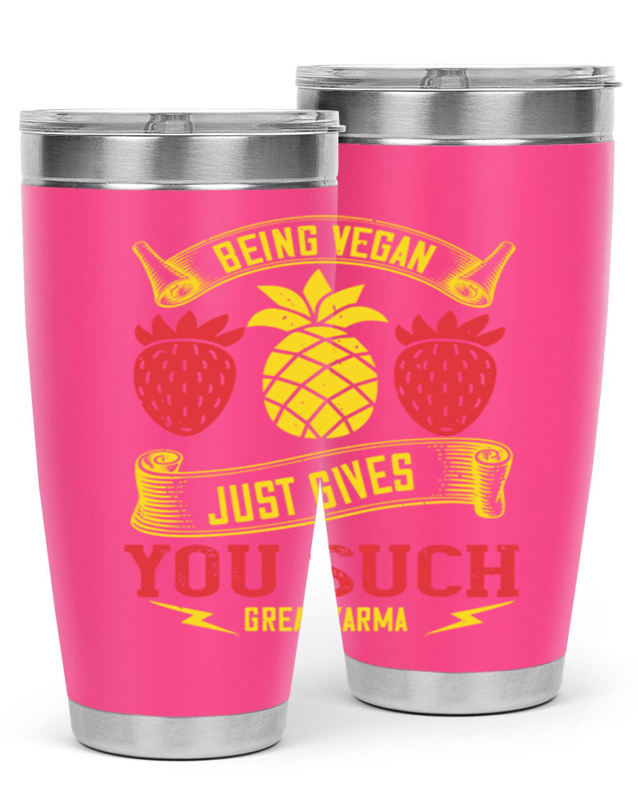 A stylish 20oz and 30oz vegan tumbler made of double wall vacuum stainless steel with a copper lining, featuring a drink-thru lid.