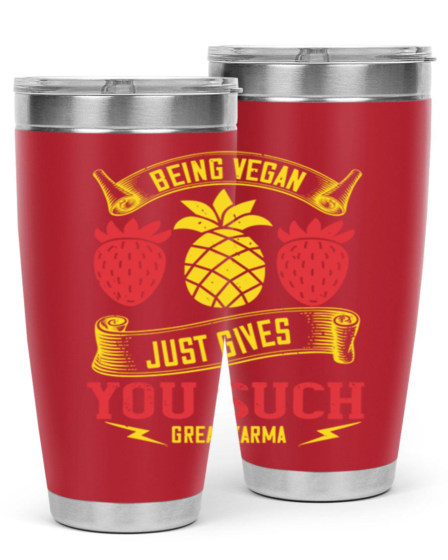 A stylish 20oz and 30oz vegan tumbler made of double wall vacuum stainless steel with a copper lining, featuring a drink-thru lid.