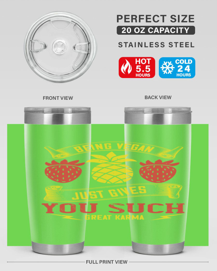 A stylish 20oz and 30oz vegan tumbler made of double wall vacuum stainless steel with a copper lining, featuring a drink-thru lid.