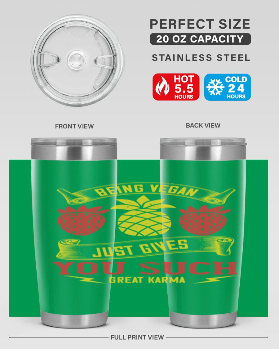 A stylish 20oz and 30oz vegan tumbler made of double wall vacuum stainless steel with a copper lining, featuring a drink-thru lid.