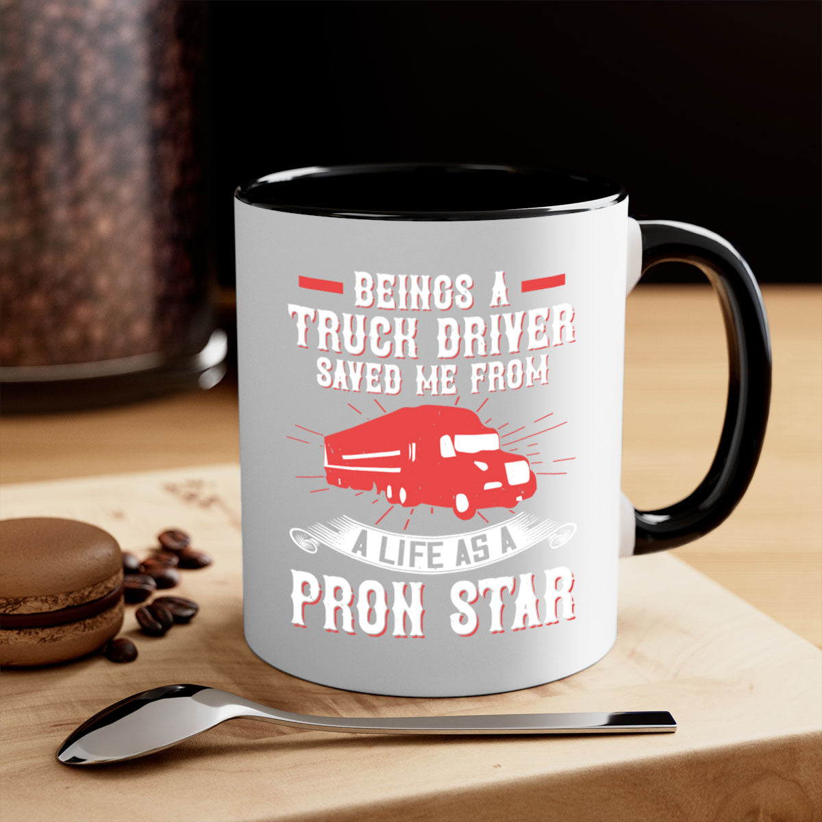 Two-tone ceramic mug with humorous text, available in multiple colors and sizes, featuring a glossy finish and easy-grip handle.
