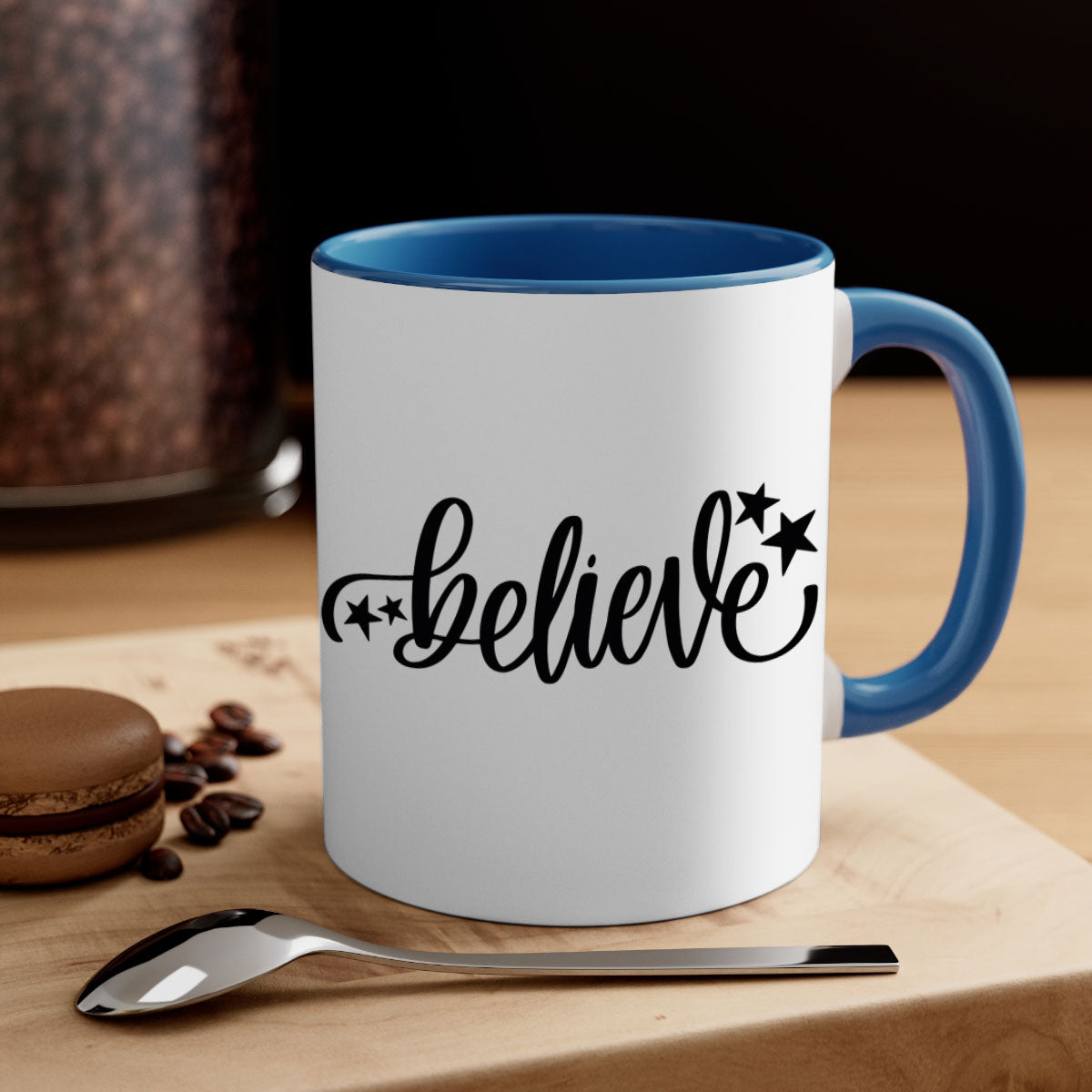 Believe 205# Christmas Mug with colored handle and glossy finish, available in multiple colors and sizes.