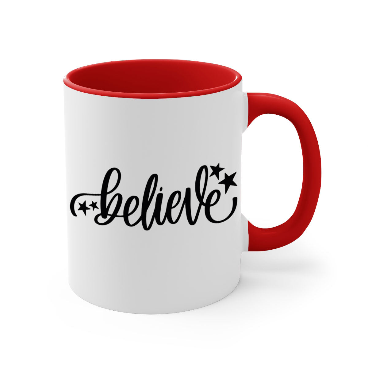 Believe 205# Christmas Mug with colored handle and glossy finish, available in multiple colors and sizes.