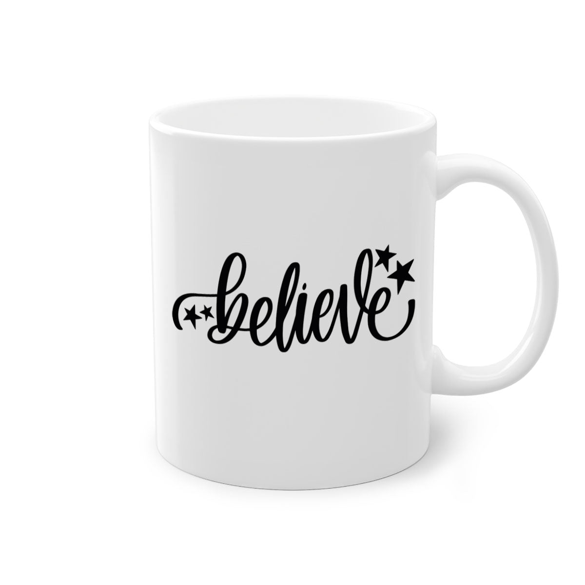 Believe 205# Christmas Mug with colored handle and glossy finish, available in multiple colors and sizes.