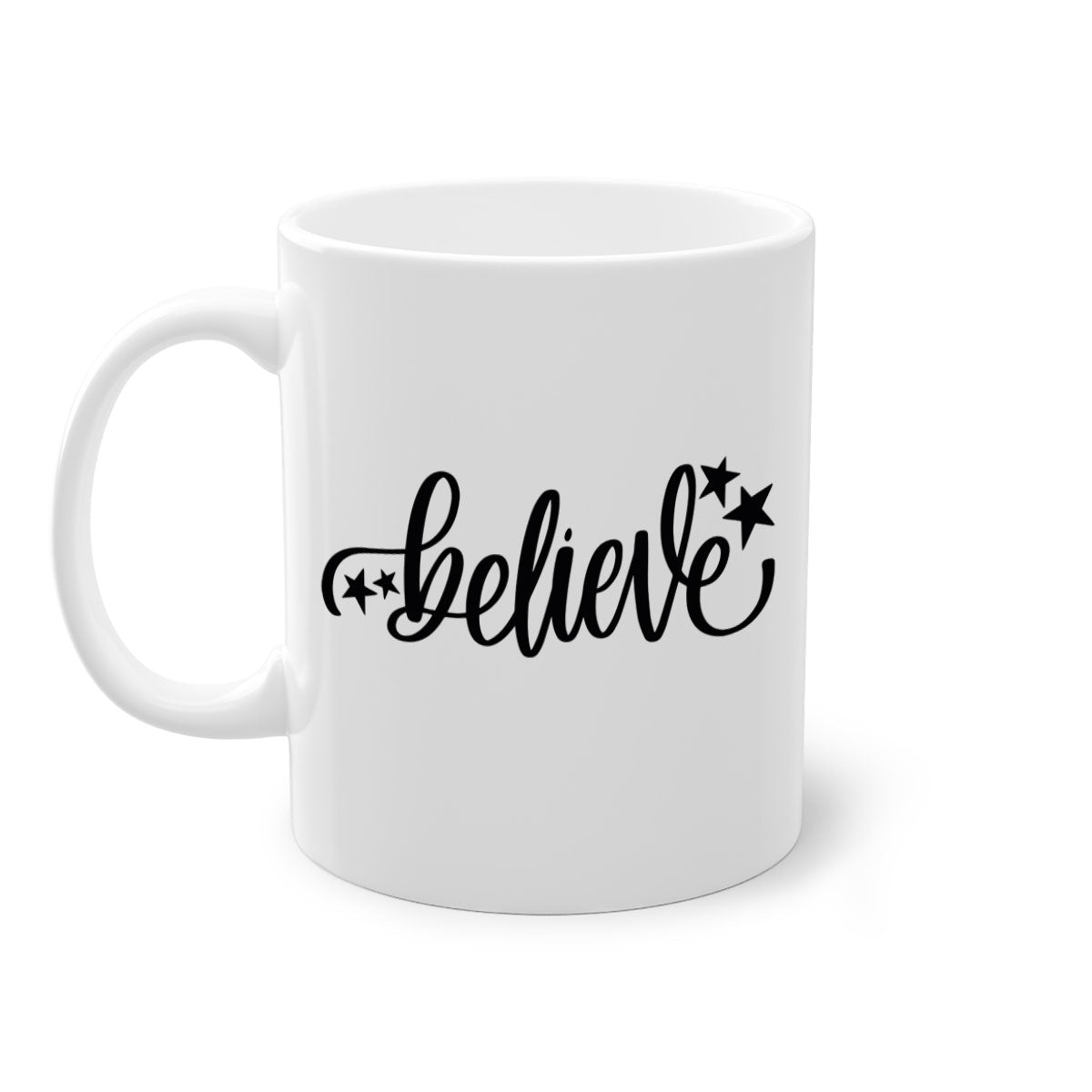 Believe 205# Christmas Mug with colored handle and glossy finish, available in multiple colors and sizes.