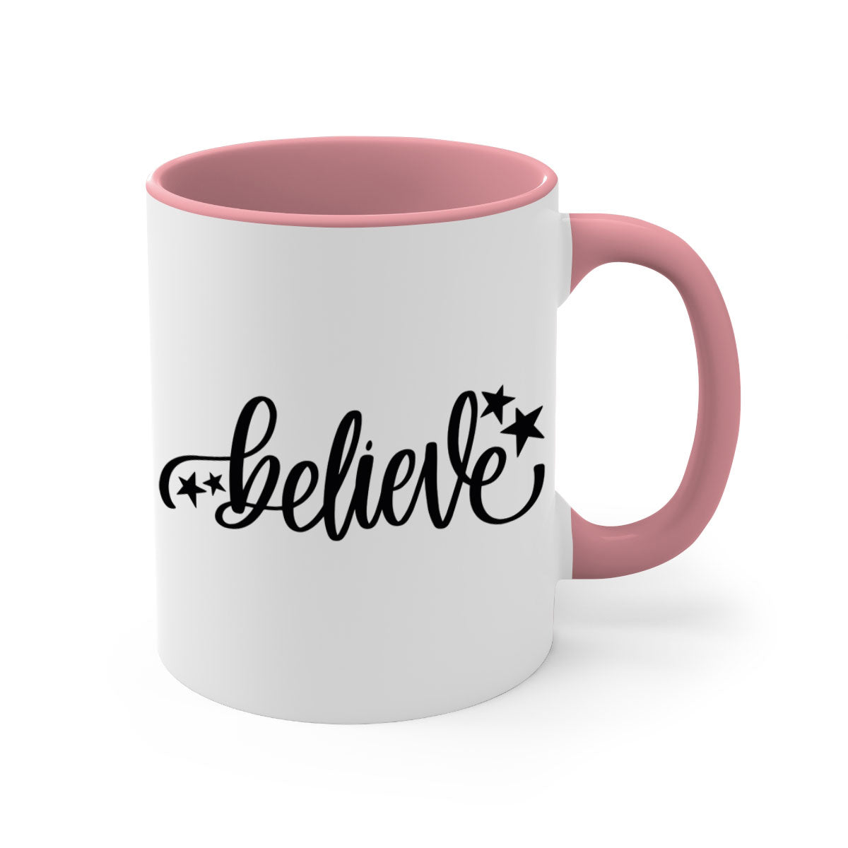 Believe 205# Christmas Mug with colored handle and glossy finish, available in multiple colors and sizes.