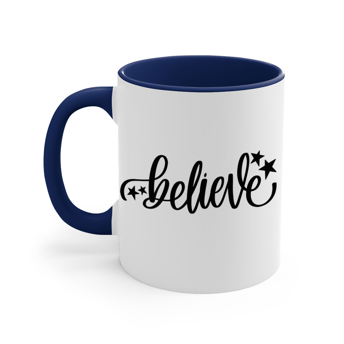 Believe 205# Christmas Mug with colored handle and glossy finish, available in multiple colors and sizes.