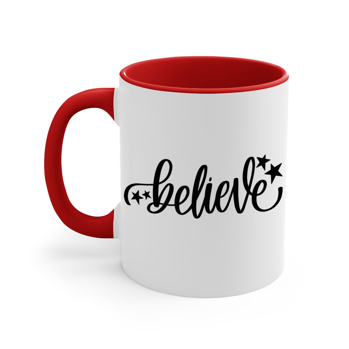 Believe 205# Christmas Mug with colored handle and glossy finish, available in multiple colors and sizes.