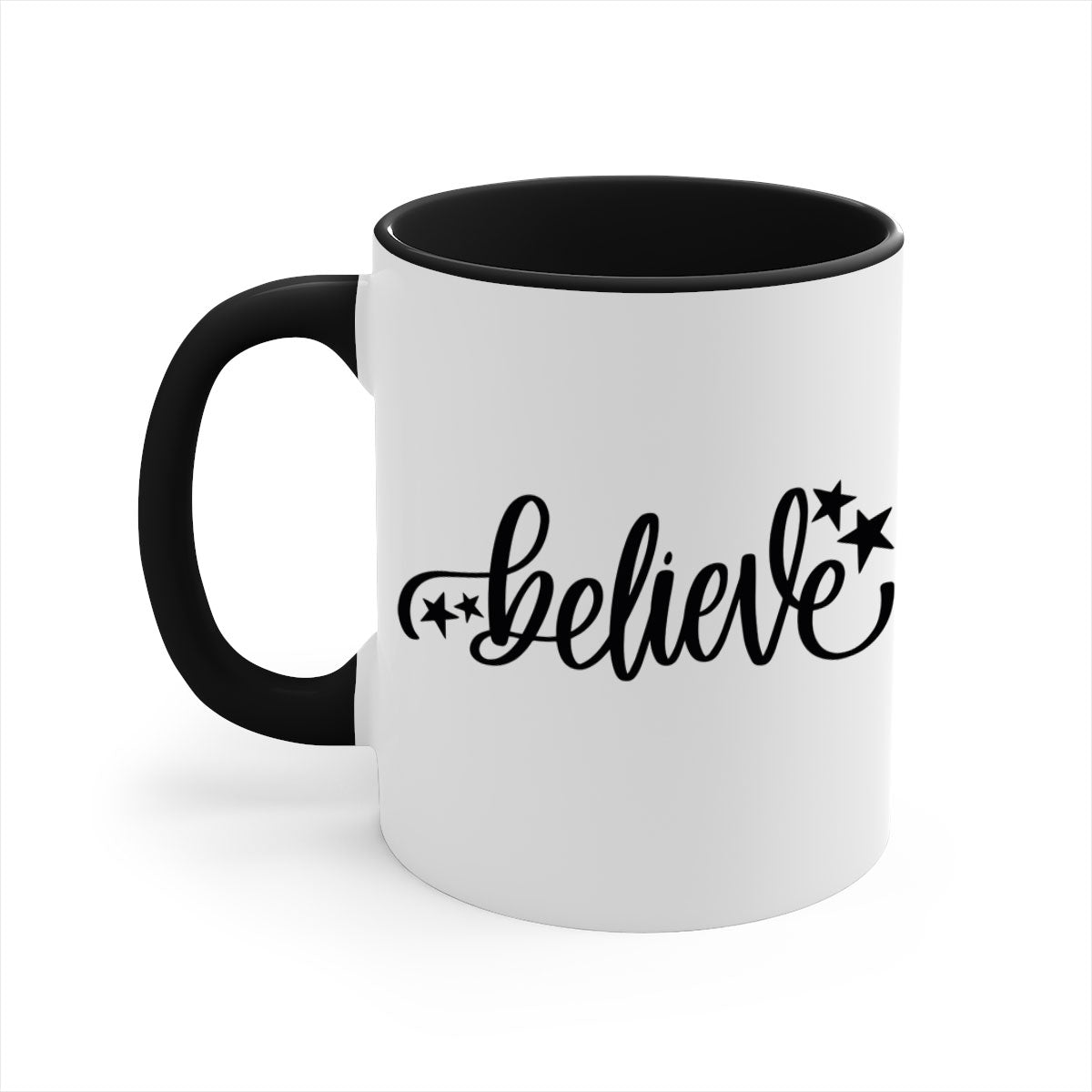 Believe 205# Christmas Mug with colored handle and glossy finish, available in multiple colors and sizes.