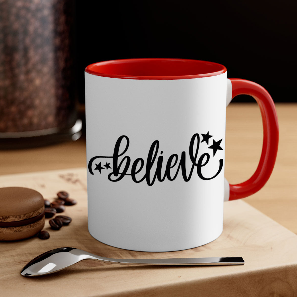 Believe 205# Christmas Mug with colored handle and glossy finish, available in multiple colors and sizes.