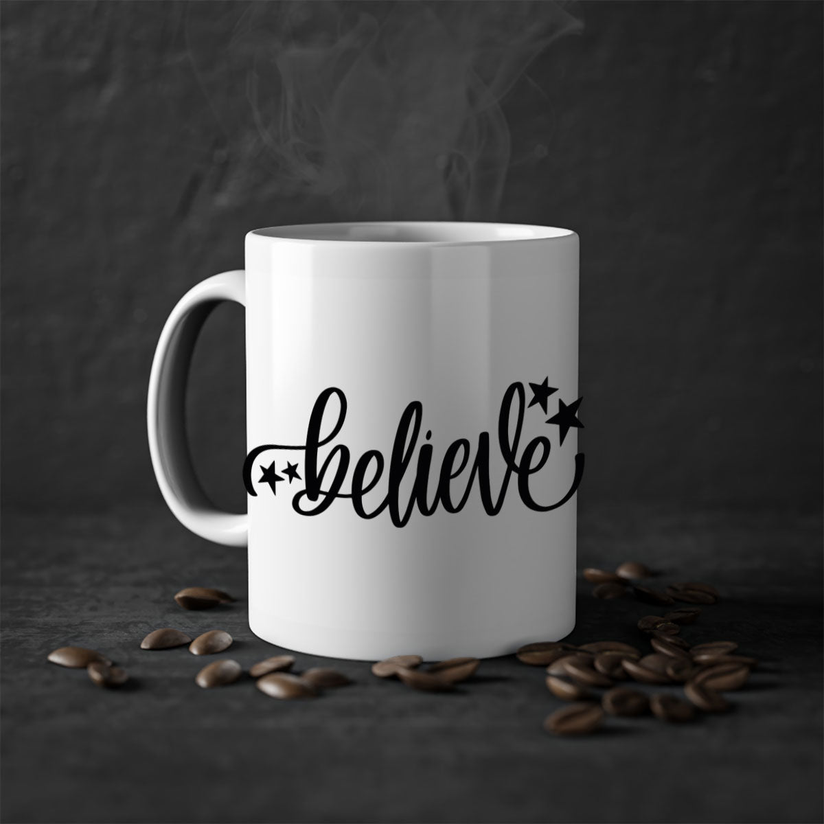 Believe 205# Christmas Mug with colored handle and glossy finish, available in multiple colors and sizes.