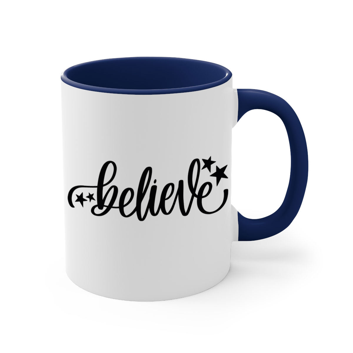 Believe 205# Christmas Mug with colored handle and glossy finish, available in multiple colors and sizes.