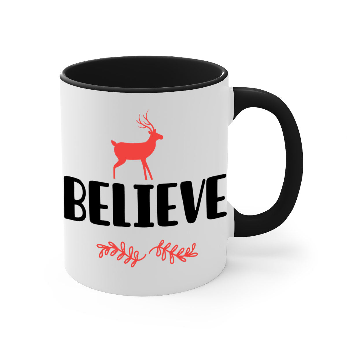 Believe 4 Style 72# Christmas Mug featuring a glossy finish, colored handle, and interior, available in multiple colors and sizes.