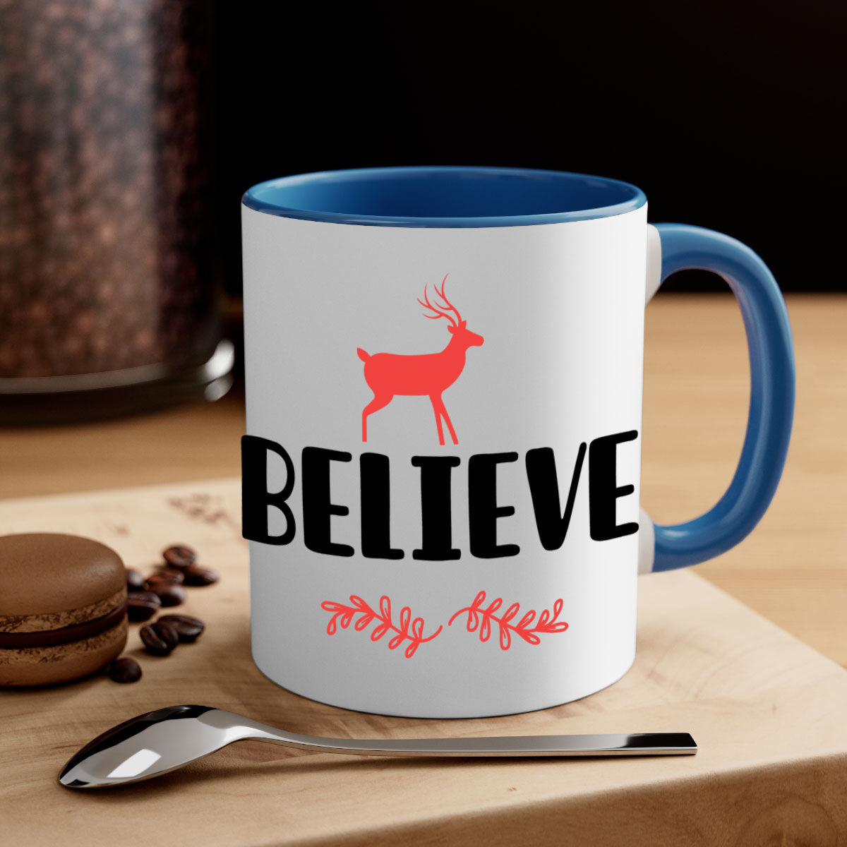 Believe 4 Style 72# Christmas Mug featuring a glossy finish, colored handle, and interior, available in multiple colors and sizes.