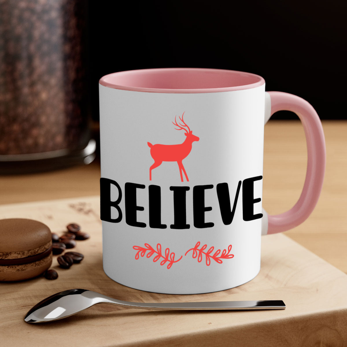 Believe 4 Style 72# Christmas Mug featuring a glossy finish, colored handle, and interior, available in multiple colors and sizes.