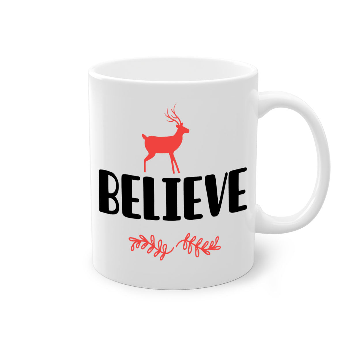 Believe 4 Style 72# Christmas Mug featuring a glossy finish, colored handle, and interior, available in multiple colors and sizes.