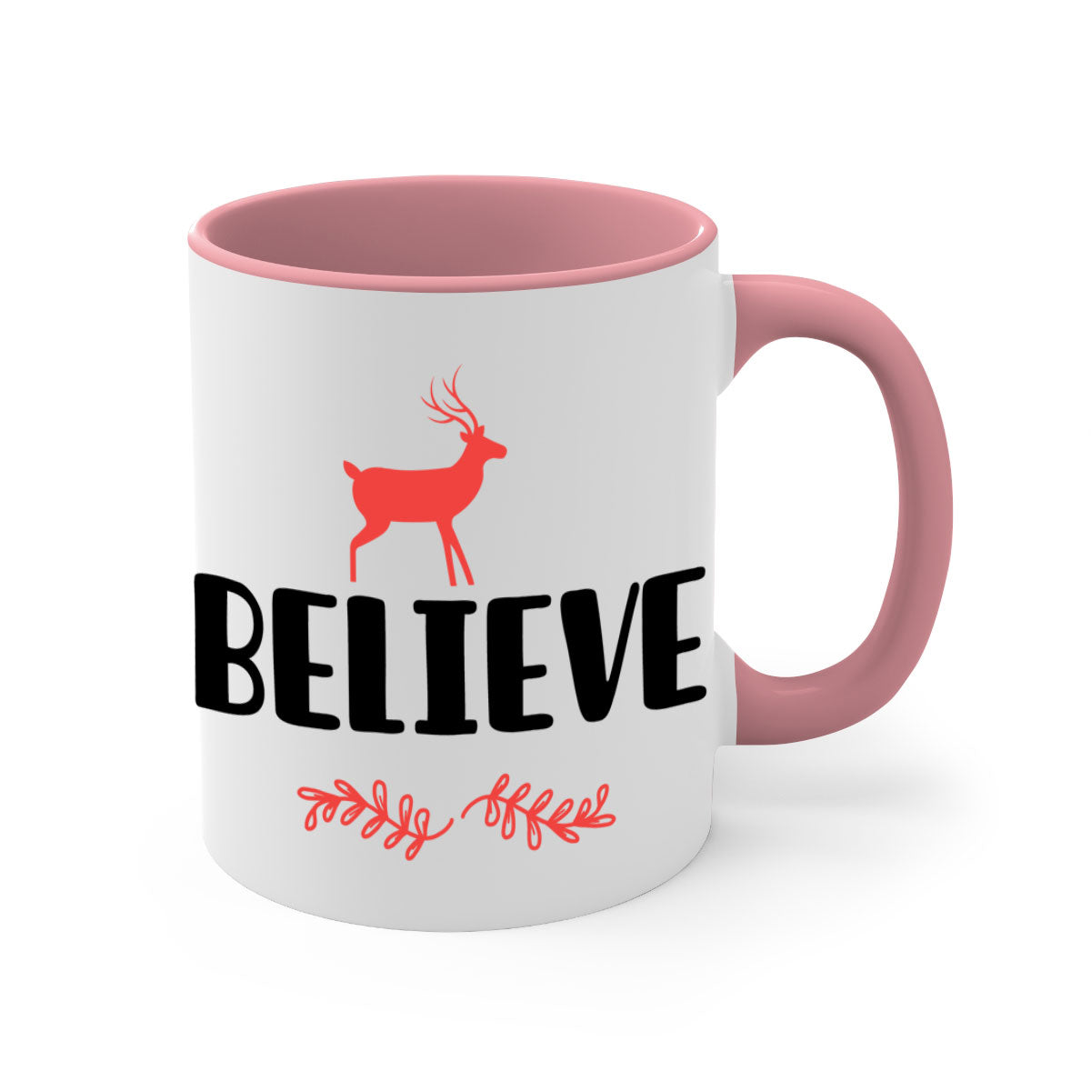 Believe 4 Style 72# Christmas Mug featuring a glossy finish, colored handle, and interior, available in multiple colors and sizes.