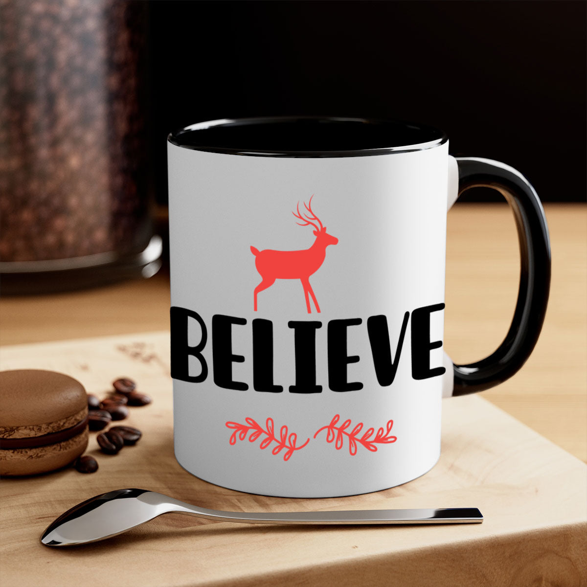 Believe 4 Style 72# Christmas Mug featuring a glossy finish, colored handle, and interior, available in multiple colors and sizes.