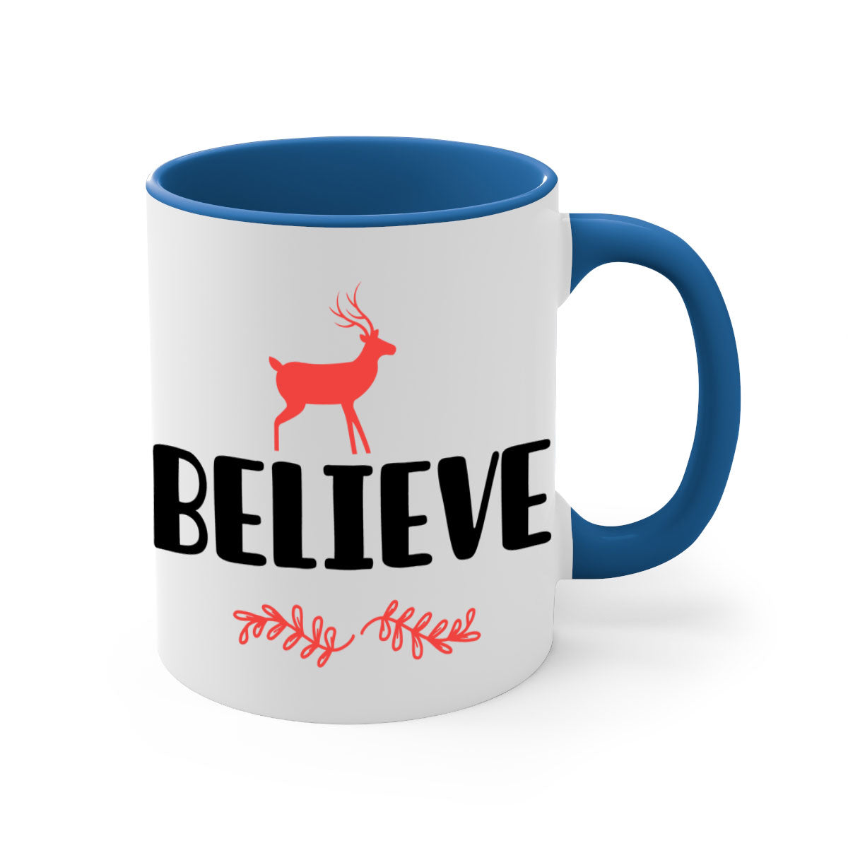 Believe 4 Style 72# Christmas Mug featuring a glossy finish, colored handle, and interior, available in multiple colors and sizes.
