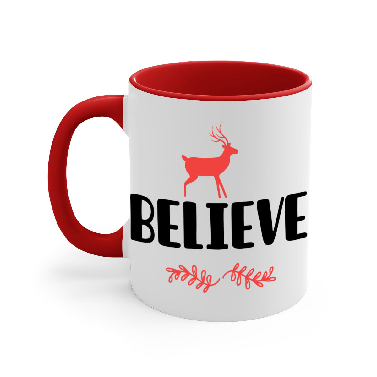 Believe 4 Style 72# Christmas Mug featuring a glossy finish, colored handle, and interior, available in multiple colors and sizes.