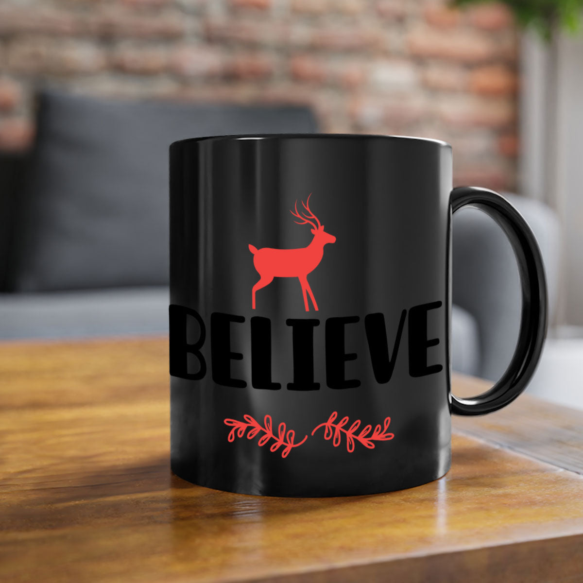 Believe 4 Style 72# Christmas Mug featuring a glossy finish, colored handle, and interior, available in multiple colors and sizes.